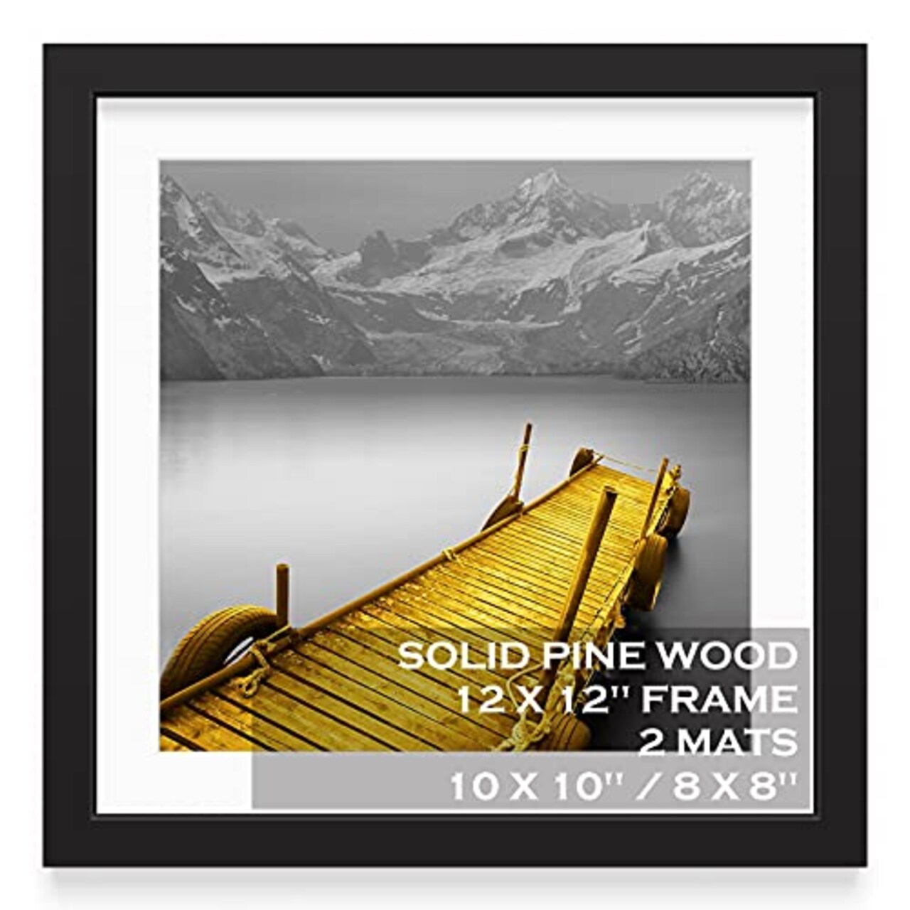 12x12 Picture Frames Black Solid Wood Display Pictures 10x10 or 8x8 with  Mat or 12x12 without Mat - 12x12 Inch Square Photo Frames with 2 Mats for  Wall or Tabletop Mount, 1 Pack